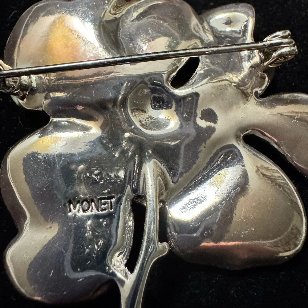 VTG Monet Orange And Pink Floral Brooch With Pink Rhinestones in Silver Setting - Picture 2 of 4